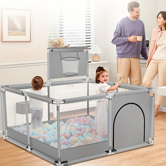 Baby playpen with a basketball hoop, guardrail, and square shape, designed for children to play and learn indoors. Includes a climbing mat for added fun and safety.