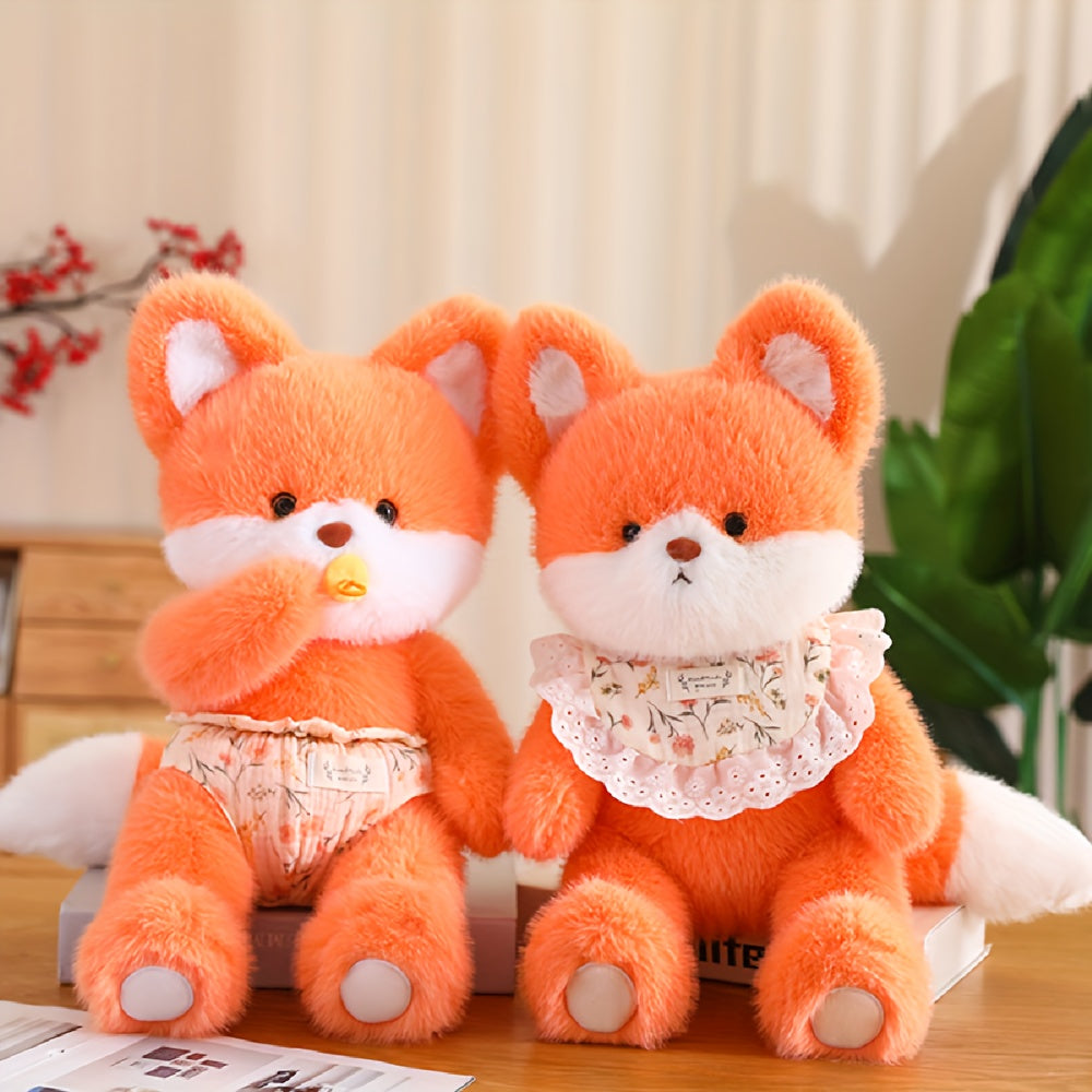 Soft and calming Fox, Bear, and White Cat plush dolls ideal for home decor or as a thoughtful gift.