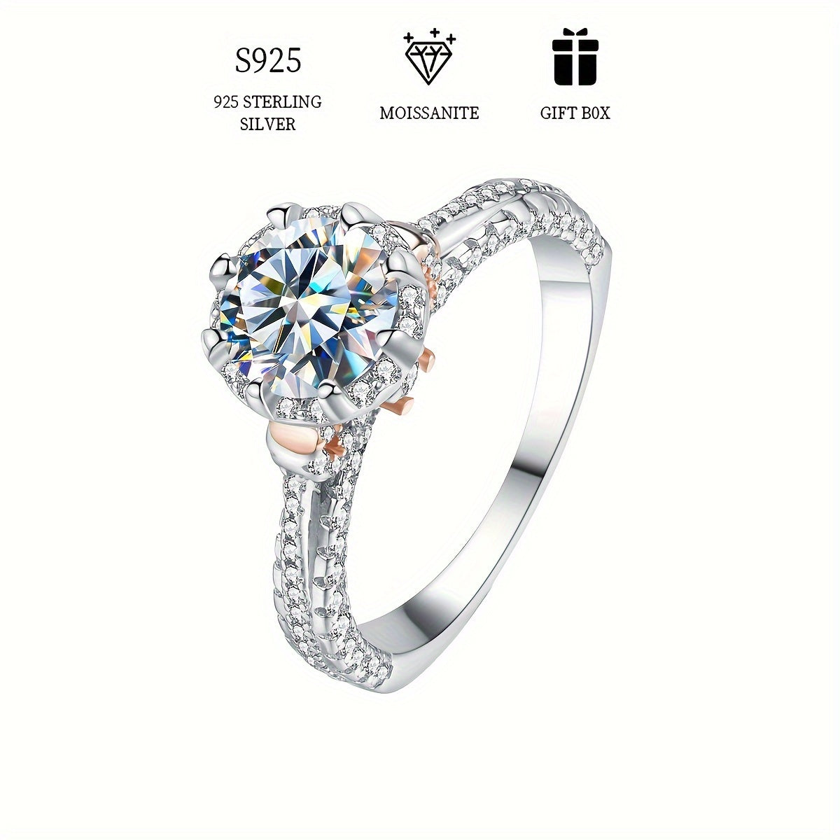 925 Sterling Silver Elegant Ring with 1ct Colorful Moissanite, Perfect for Women's Proposal, Engagement, and Wedding Band. Hypoallergenic with Moissanite Cert and Exquisite Gift Box Included