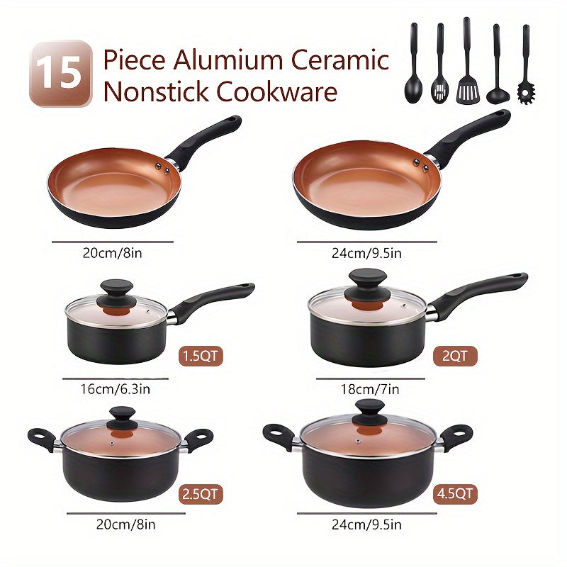 Cook in style with this 15-piece aluminum ceramic nonstick cookware set. It includes frying pans, a soup pot, and a milk pot, all with lids. This set is perfect for gifts, family gatherings, and for the elders in your life.