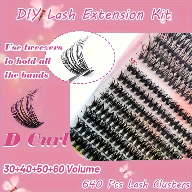 DIY eyelash cluster set with 800/200pcs of 30D-60D single eyelashes in mixed 9-16mm lengths for a super thick, D curl effect at home, creating a light cartoon eyelash look.