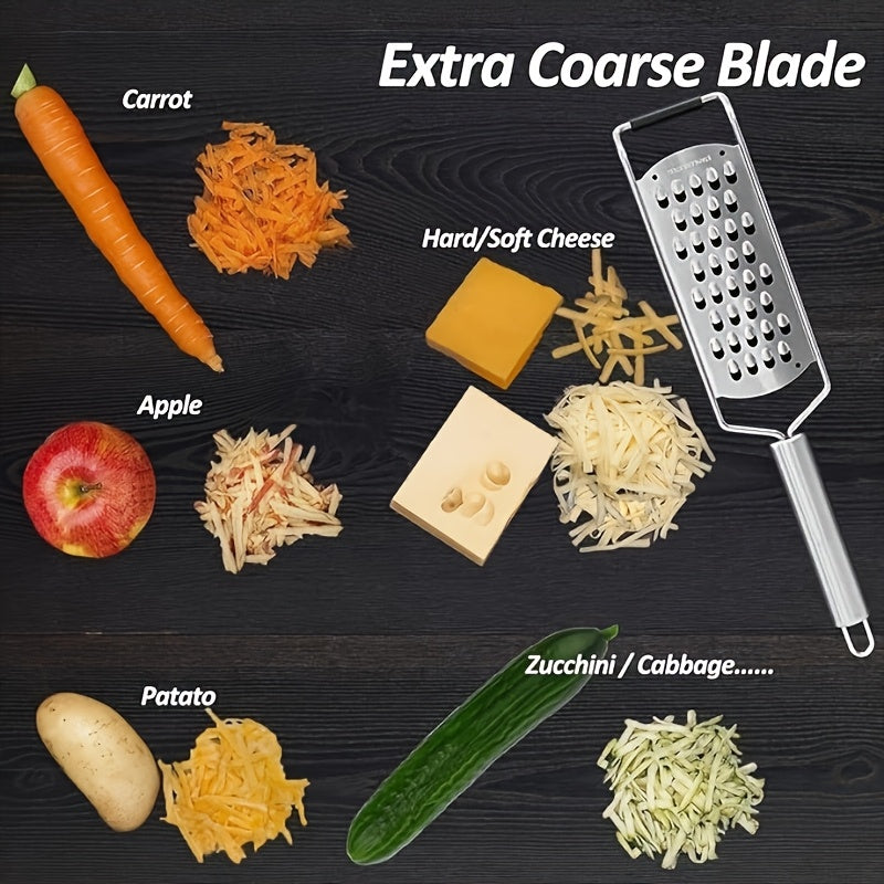 This kitchen grater is made of stainless steel and features a razor-sharp blade, ideal for grating potatoes, zucchini, carrots, apples, cabbage, and cheese. It is designed for extra coarse grating.