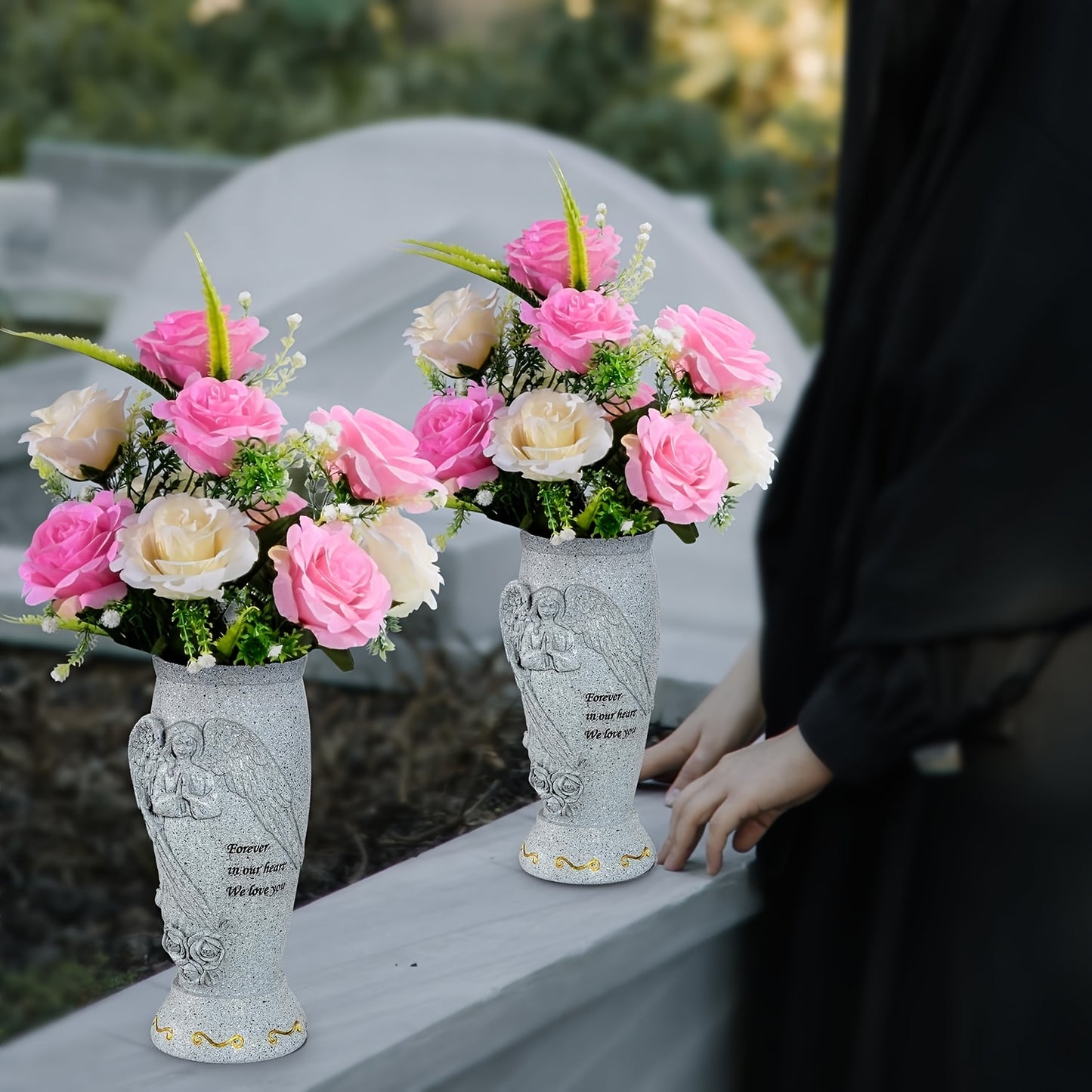 Elegant Angel Memorial Cemetery Vase with ground spikes for fresh or artificial flowers. Engraved with "Forever in Our Heart" design. Perfect sympathy gift for loved ones and Memorial Day