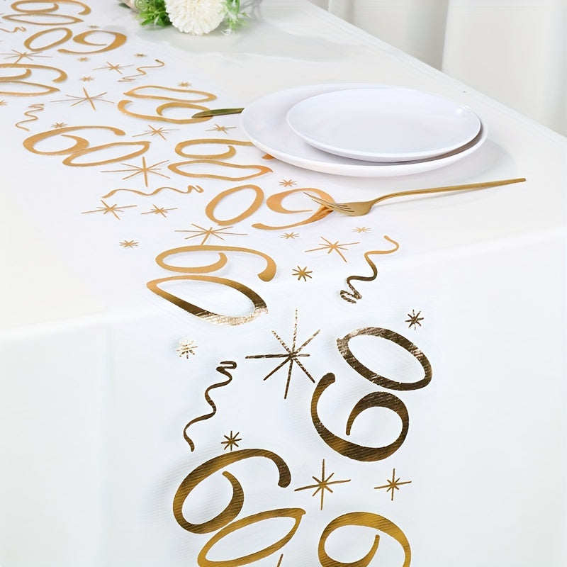 Polyester table runner with golden stamping for milestone celebrations. Perfect for anniversaries, retirement parties, and milestone birthdays. Comes in a rectangular shape.