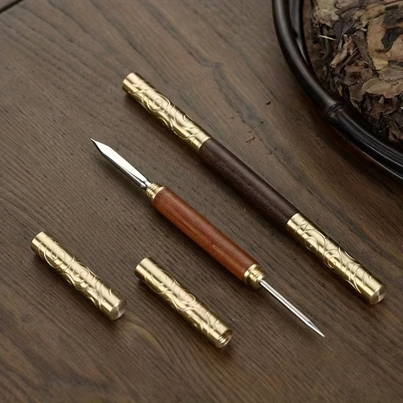 Sandalwood and Rosewood Double-headed Ruyi Tea Knife with Golden Hoop and Warping Tea Knife, Sandalwood Tea Needle