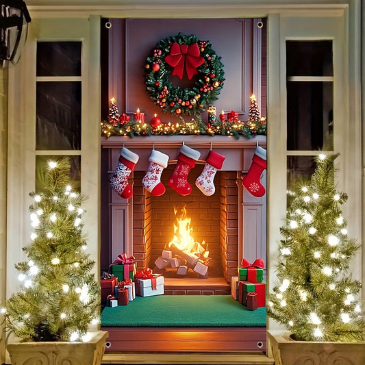 Multi-functional Christmas Fireplace Door Cover - Ideal for Festive Get-Togethers & Decorating, Made of Polyester, No Batteries Required