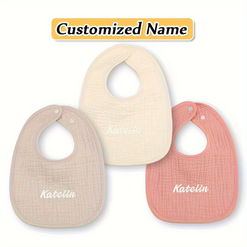 Bundle of 3 Custom Baby Bibs in Yellow, Gray, and Pink - Made with Soft Cotton and Adjustable Snap Buttons. Includes Personalized Name Service, Ideal for Newborns and Toddlers. Great for Holiday Gifting!