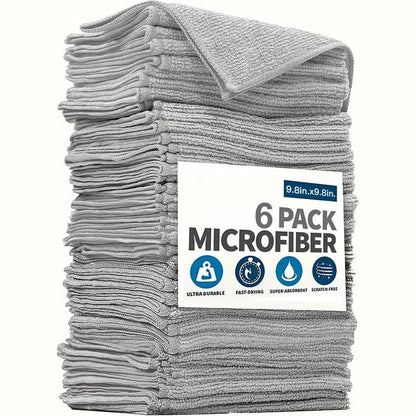 A pack of six bamboo charcoal microfiber cleaning cloths that are highly absorbent, durable, and versatile. Perfect for use in the kitchen, bathroom, car, glass surfaces, and outdoor cleaning. These cloths are stain and grease resistant, and come with