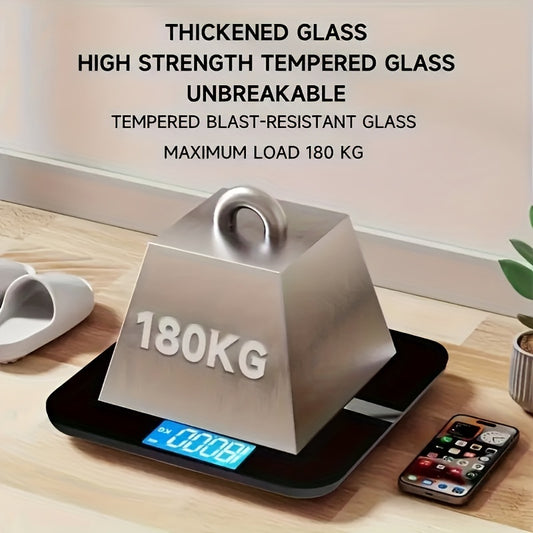 Compact home electronic scale with wide platform and high capacity, accurate readings on backlit LCD display, maximum weight of 176.9 KG.