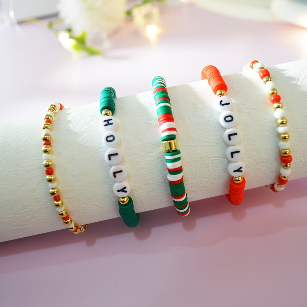 Get ready for the holiday season with this festive Christmas Charm Bracelet Set! Each set includes 10pcs of adjustable bracelets made with elastic polymer clay beads featuring Santa, snowflake, and tree designs. These bracelets are perfect for holiday