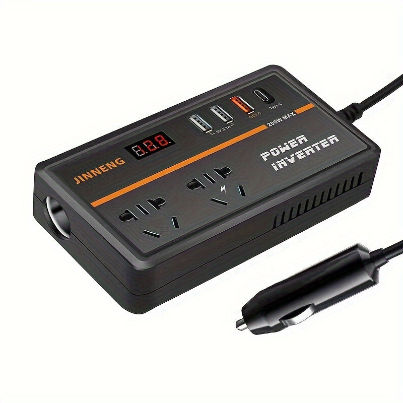 Power converter for vehicles changes 12V/24V to 220V, with USB charging, digital voltage display, no battery.