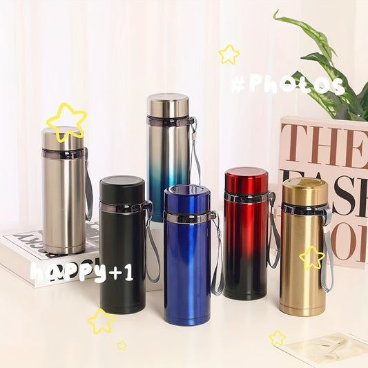 Men's large stainless steel portable travel mug with tea strainer, available for wholesale.