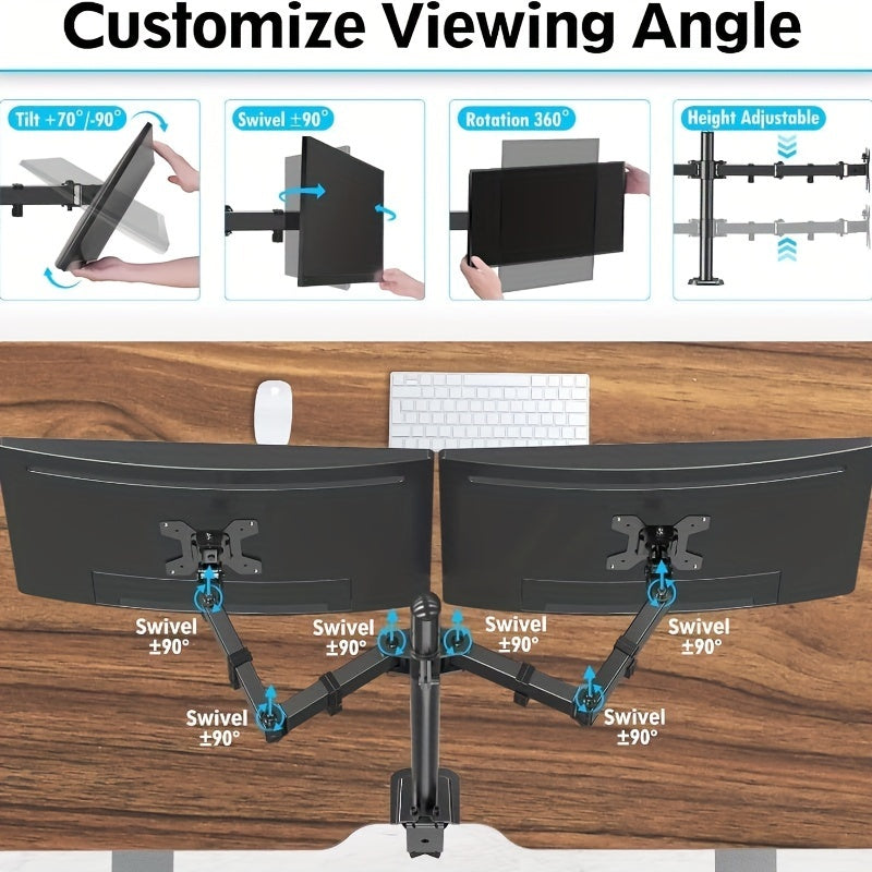 Adjustable dual-monitor desktop stand with clamp design and iron construction for office use.