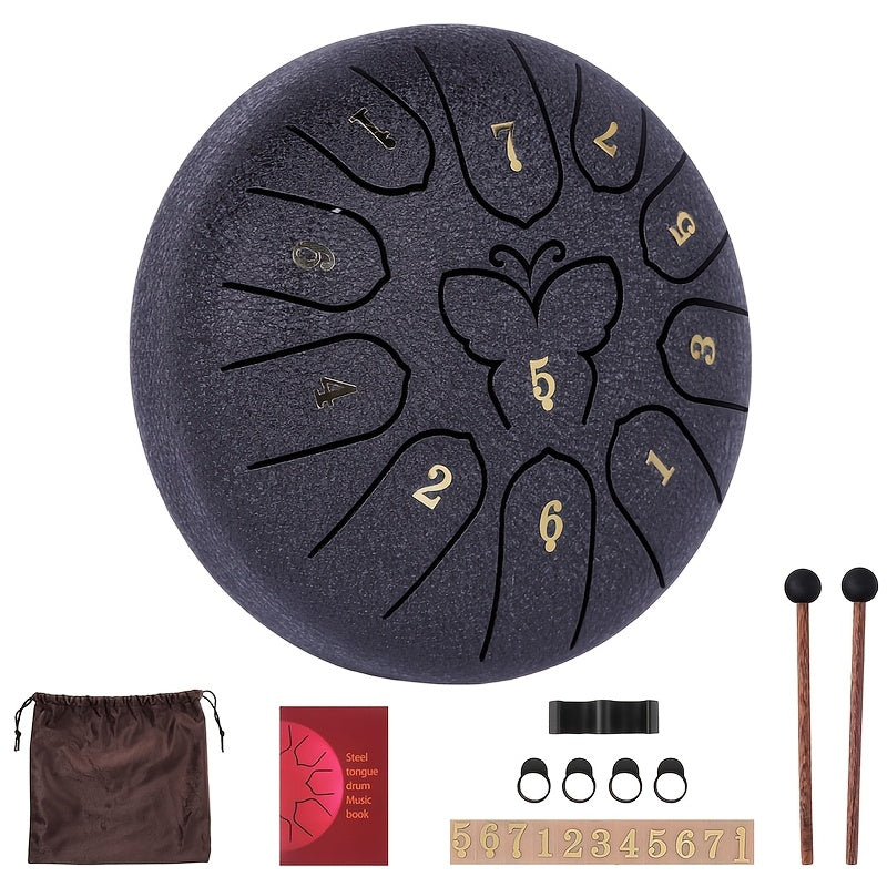 Steel Tongue Drum with 11 Notes, 15.24 cm for Sound Healing and Meditation, includes Carry Bag, Music Book, Sticks, and Accessories.