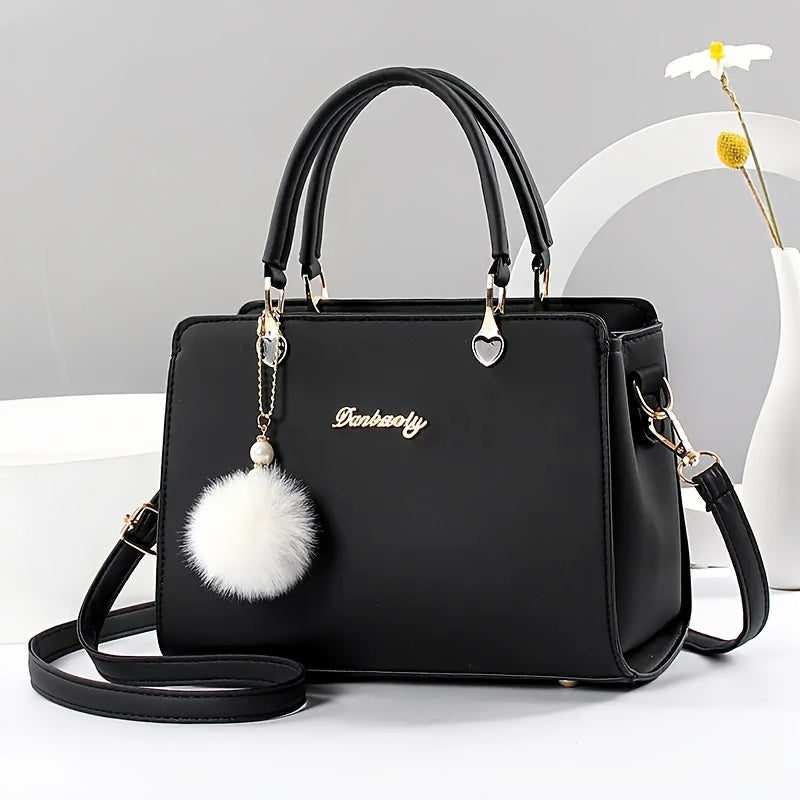 Solid color handbag with multi-layer crossbody design, satchel purse for women with pompom ball charms.