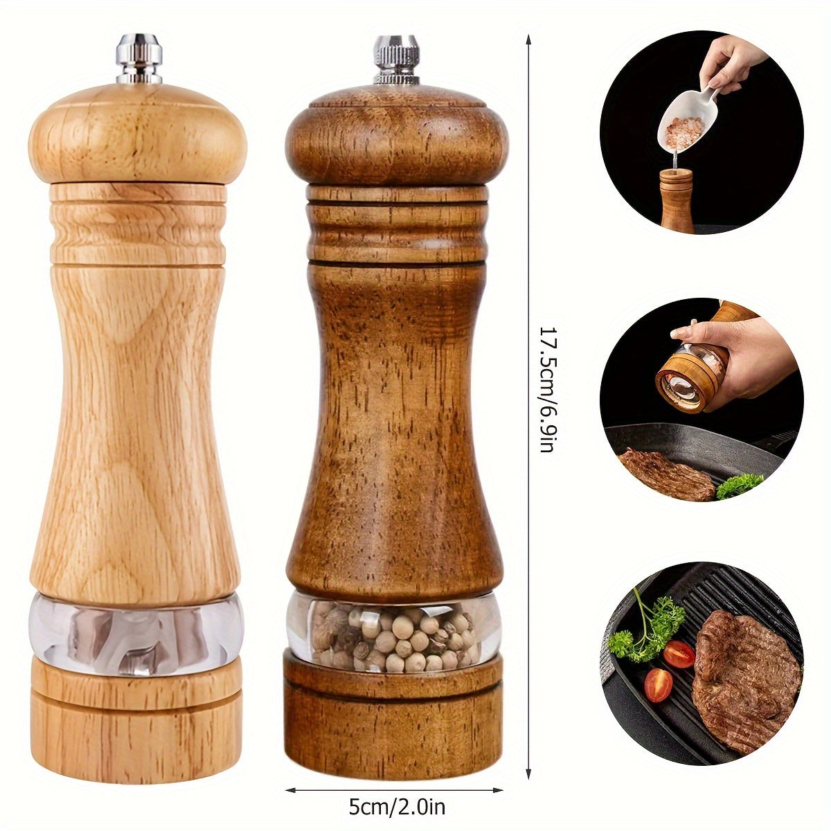 Best Seller: Set of 2 Adjustable Wooden Pepper & Sea Salt Grinders - Manual Spice Mills with Ceramic Core, Ideal for BBQs, Picnics, and Camping - Long-lasting Kitchen Tools, Excellent Valentine's Day Present, Spice Grinder, Refillable Spice Jar, Stylish