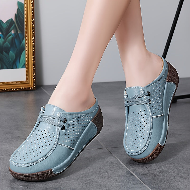 Women's Summer Slip-On Mule Shoes, Hollow-Out White Sneakers with Wedge Heel, Casual and Comfortable