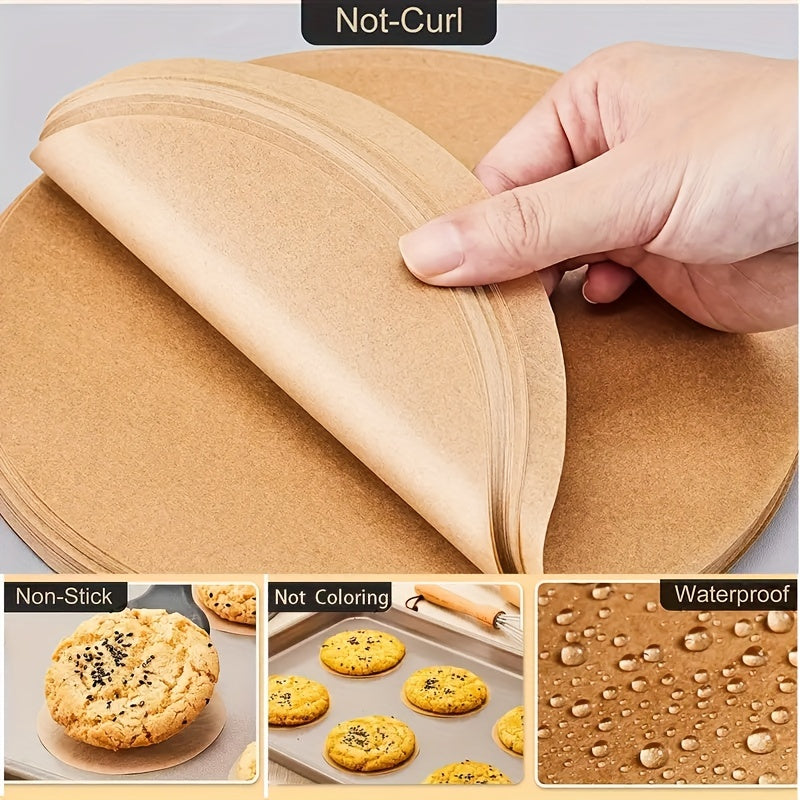 Pre-cut double-sided silicone non-stick baking papers available in packs of 50 or 100, suitable for baking, air frying, steaming, and microwaving. Comes in 6-inch, 8-inch, and 9-inch sizes for heavy-duty use.