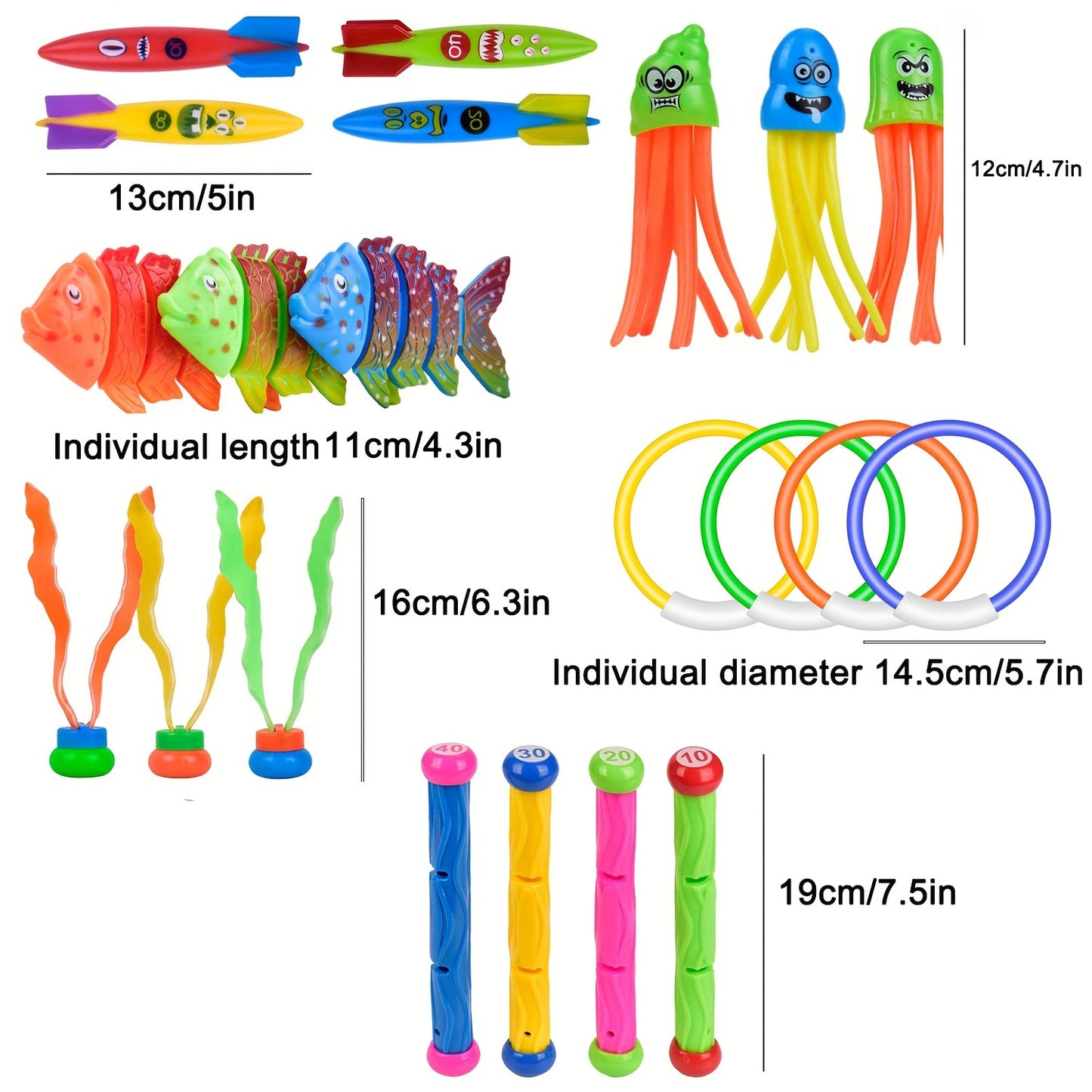 Children's diving pool toy set with underwater swim games includes PVC beach dive sticks, rings, and treasure toys. Perfect for toddlers and children at parties.