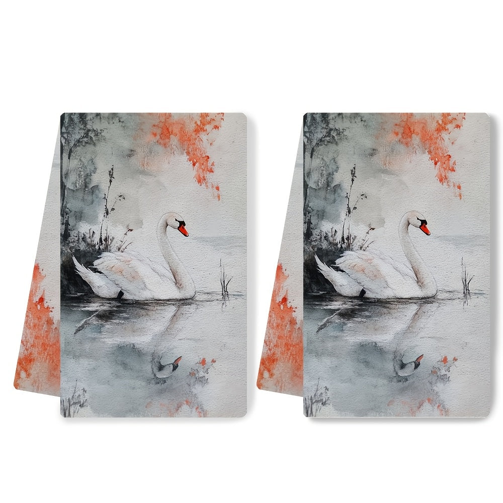 Set of 2 Ultra Soft Kitchen Towels featuring the Graceful Beauty of a Swan, Highly Absorbent Dish Hand Towels perfect for Holiday Decor, Machine Washable, Size 16x24 Inch - Model Number 2KYSYS1218563