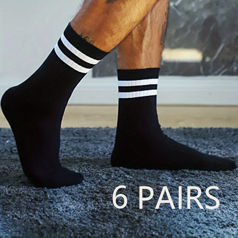 6 pairs of men's trendy striped crew socks, perfect for outdoor and all-season wear