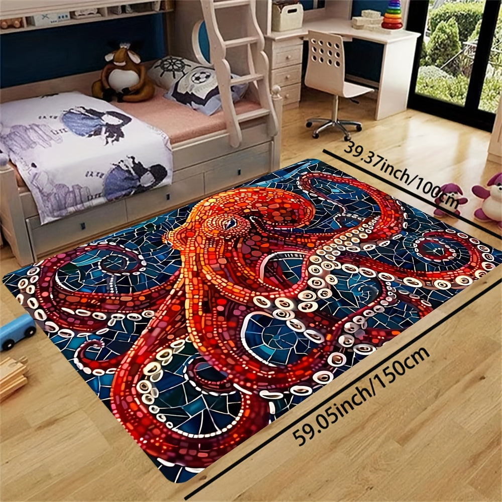 Artistic Deep Sea Octopus Painting Carpet Rug, Soft Rectangle Rug with Thicken Foam Cushion and Microfiber Surface, Decorative Floor Rug with Anti-slip Bottom Print, Machine Washable Rug for Living Room, Kitchen, and Entryway Decoration.