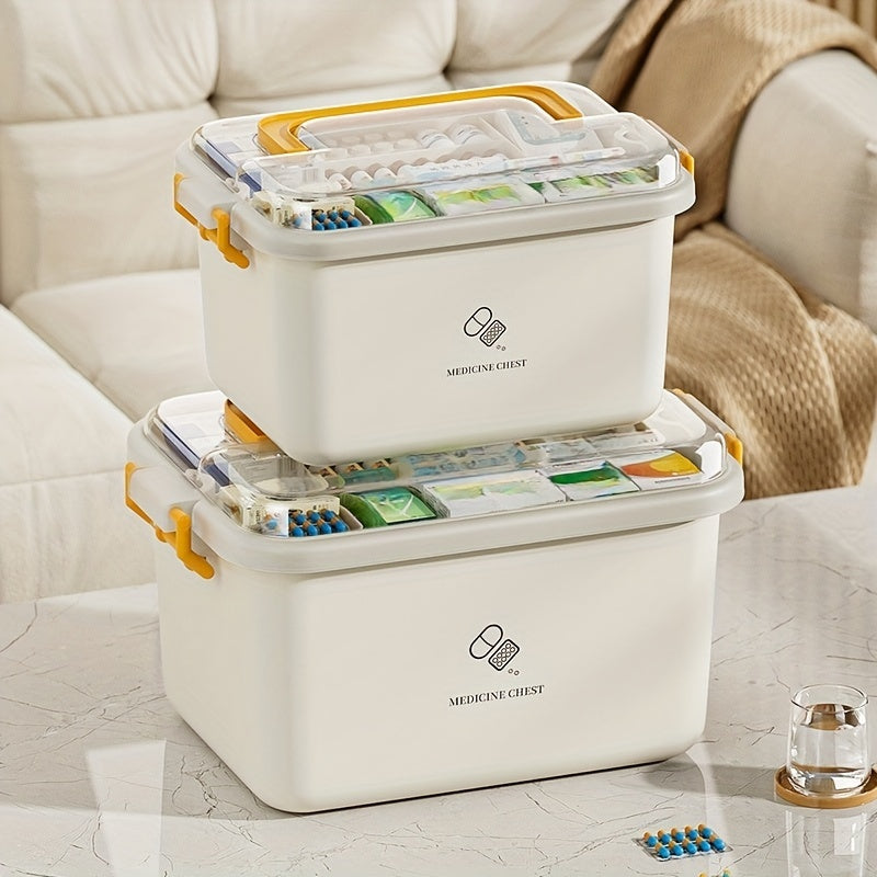 Waterproof multi-layer medicine storage box for home and travel, durable plastic organizer.