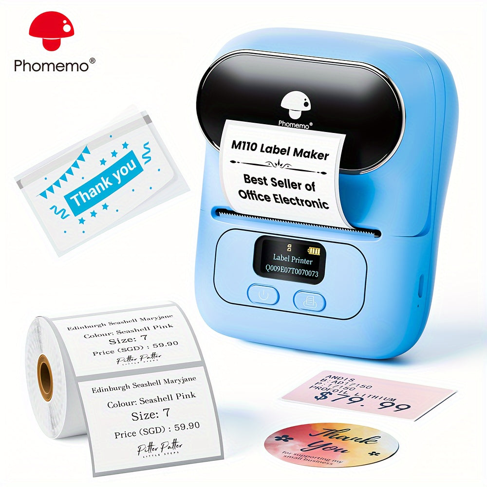 Phomemo M110 Wireless Label Printer with 40x30mm Sticker Roll, ideal for businesses and office use, with wireless connectivity for phones & PCs.