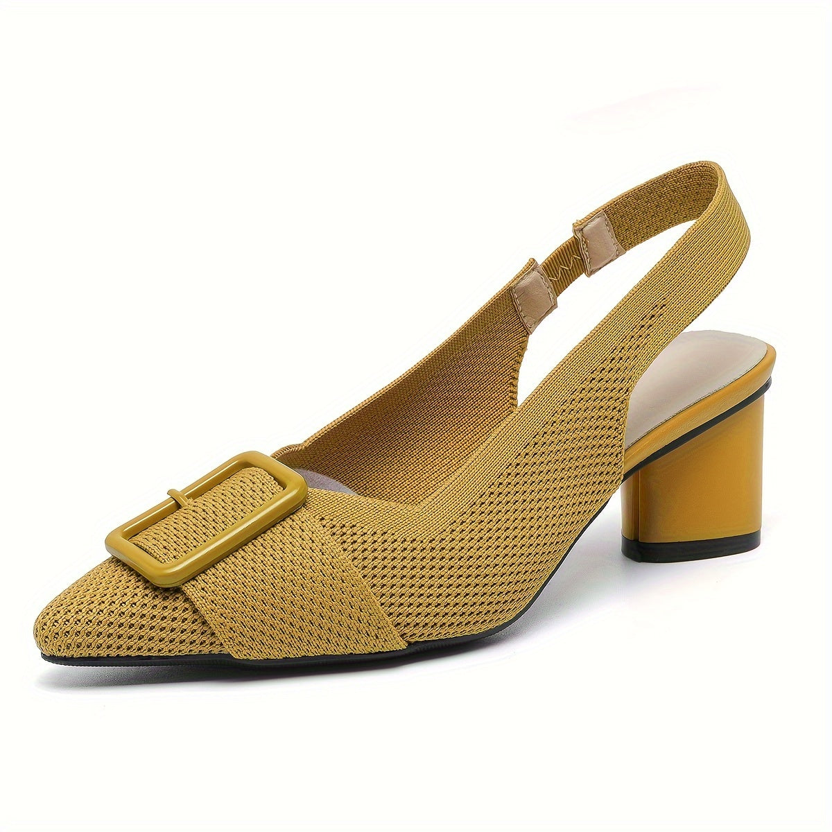 Women's mid-heel pumps with breathable knit, pointed toe, slip-on style, and chunky heel for all seasons.