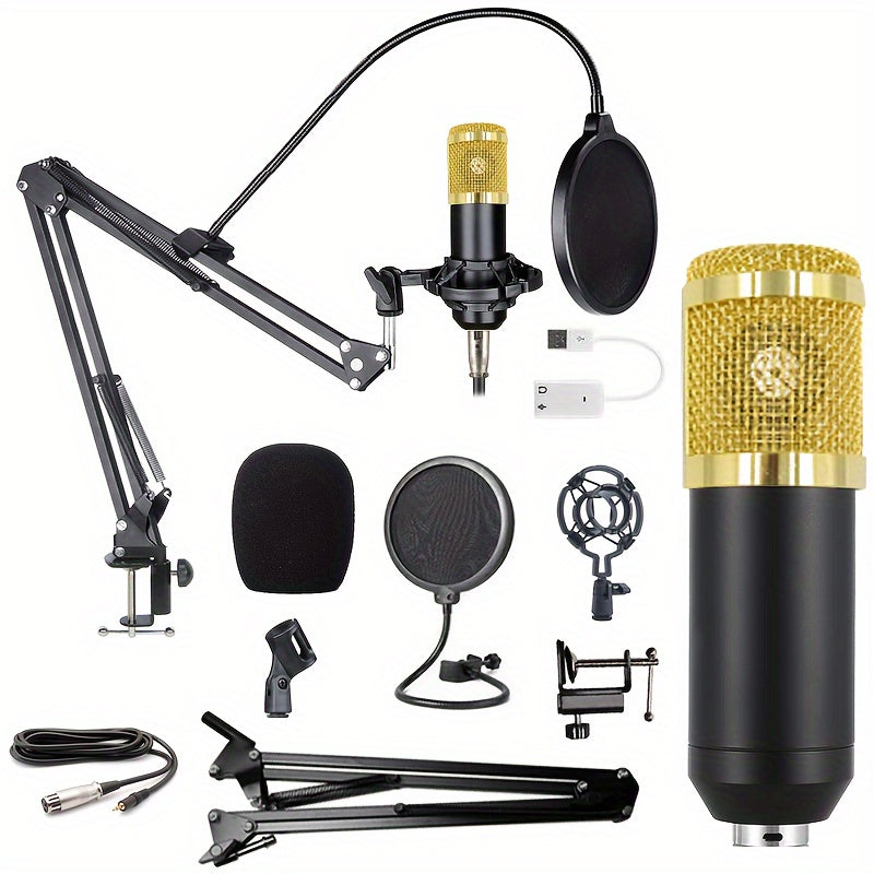 Black and Golden BM-800 Full Metal Microphone Set, USB Powered, 3.5mm Jack, Multi-Purpose Condenser Mic for various uses - Rzosom, Metal Condenser Microphone, Hanging, Anti-spray Net