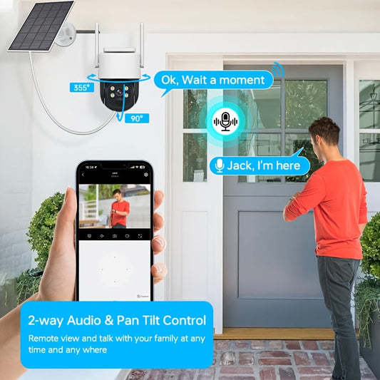 Солнечная уличная камера безопасности - 360° обзор, WiFi-соединение, цветная ночная съемка, двусторонний аудио, водонепроницаемость IP65, перезаряжаемая батарея