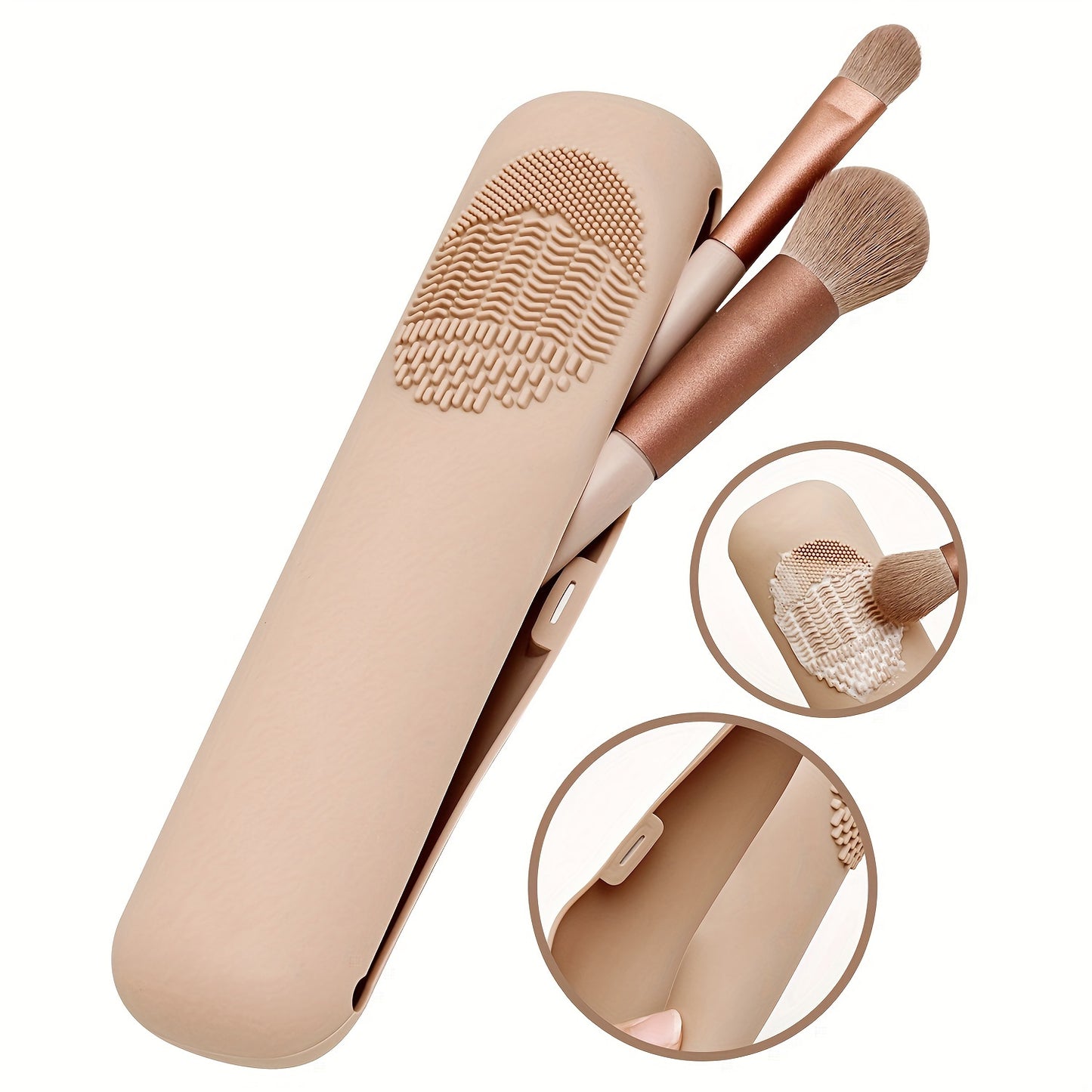 Travel makeup brush holder in beige silicone with magnetic closure; waterproof, anti-fall design for adult makeup tools organization.