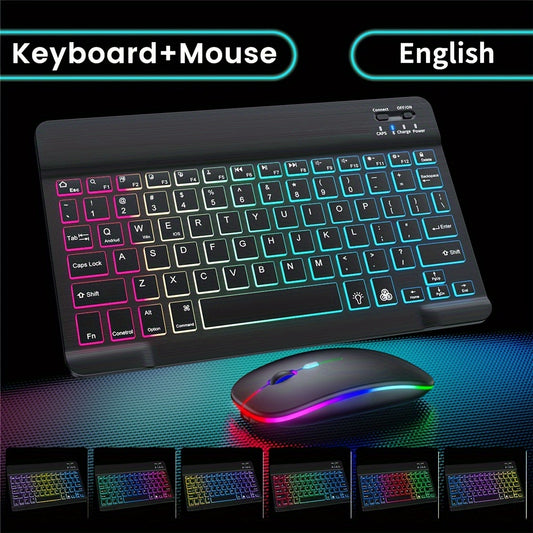 10-inch iPad and laptop backlit wireless keyboard and mouse combo with ergonomic design, portable, rechargeable, quiet keys, adjustable brightness, RGB lighting, Type-C charging, and