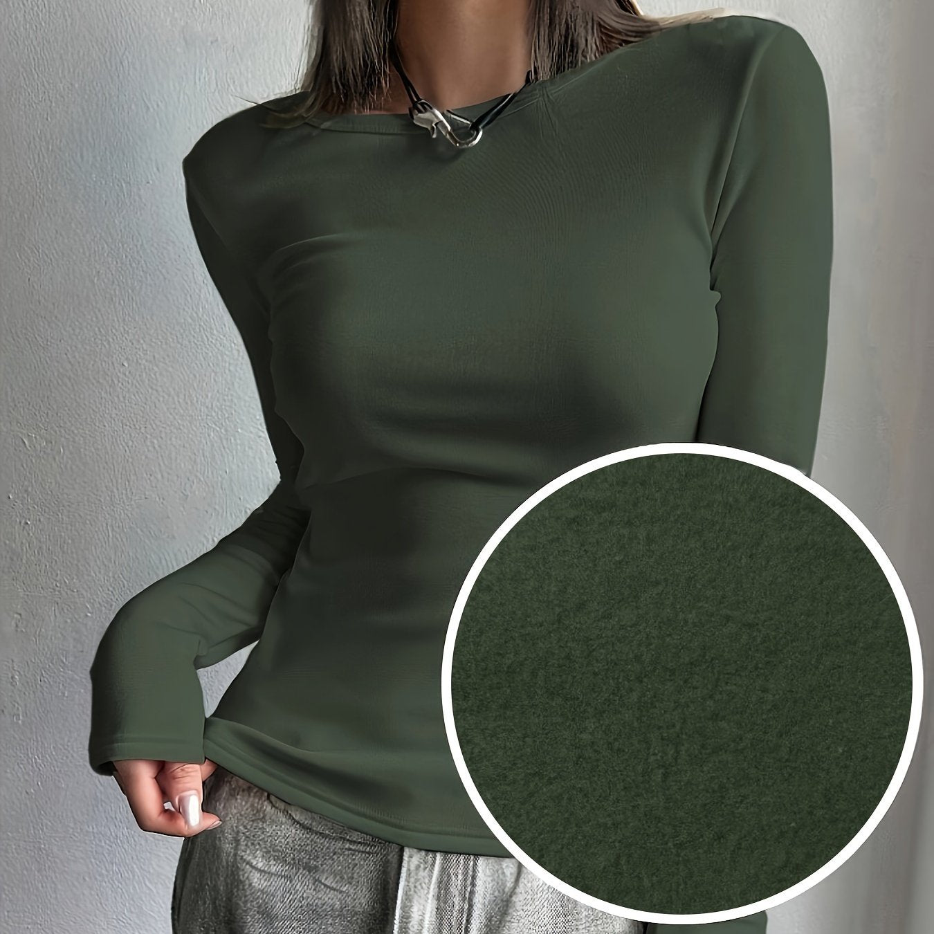 Basic Women's Crew Neck Top - Long Sleeve Solid Color Shirt for Fall/Winter - 95% Polyester, 5% Elastane Stretch Fabric