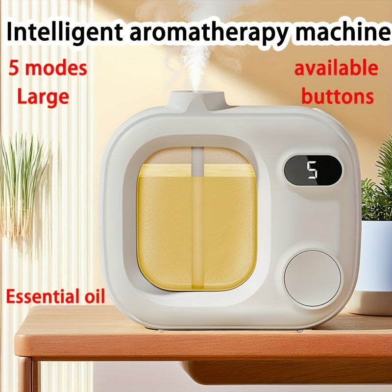 Smart aroma diffuser with Shangri-La essential oil, rechargeable battery, dual power options, 5 modes, tactile buttons, long-lasting fragrance for home or bathroom.