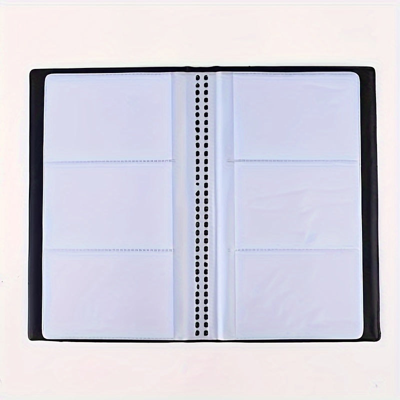 Professional black and white business card holder made of durable PVC material with multiple slots for cards.