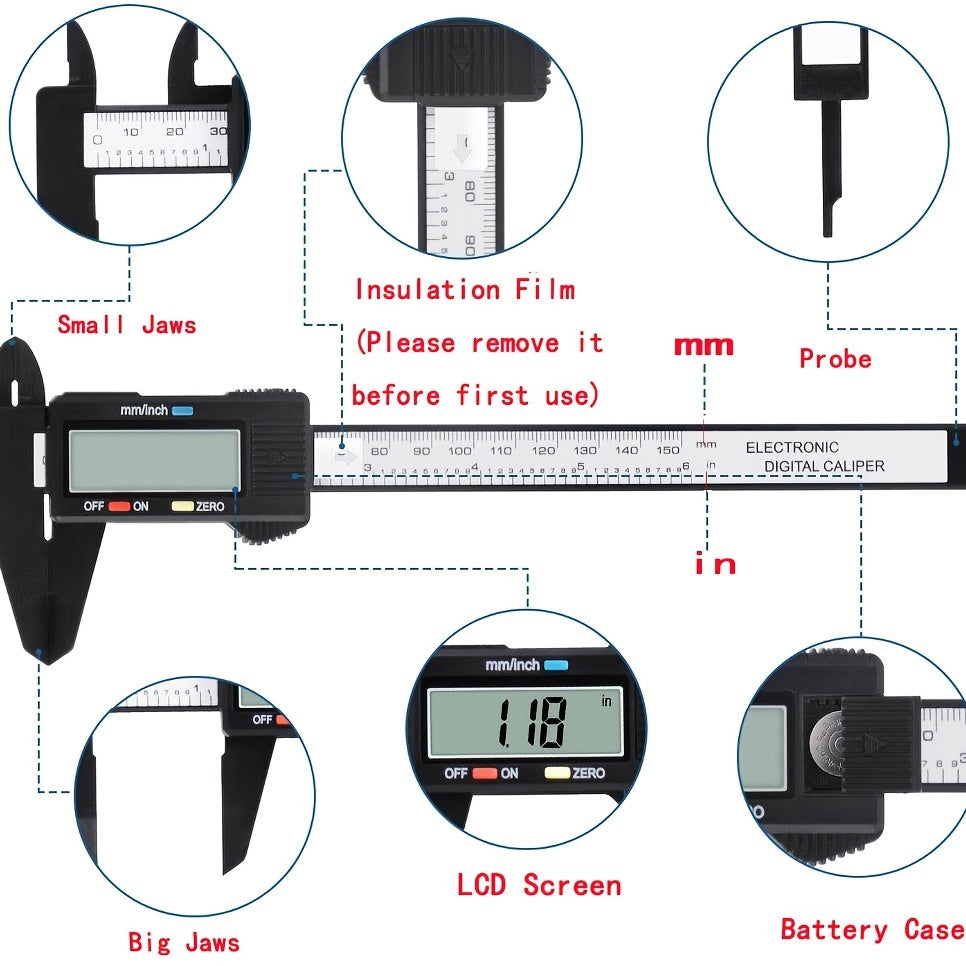 Lefavor 6-Inch Digital Vernier Caliper with High Precision, Large LCD Display, Locking Thumb Screw, and Easy Zero Setting.