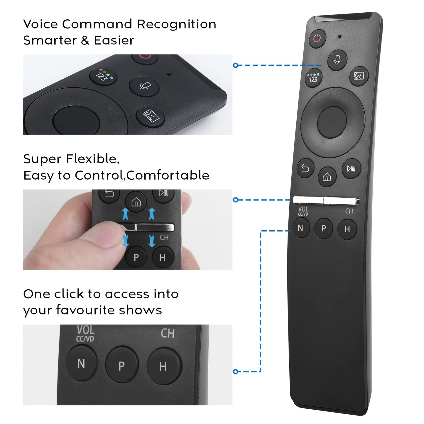 Voice remote control with ergonomic design, smart curved frame, QLED LED LCD, and easy pairing for all TVs, compatible with 8K/4K.