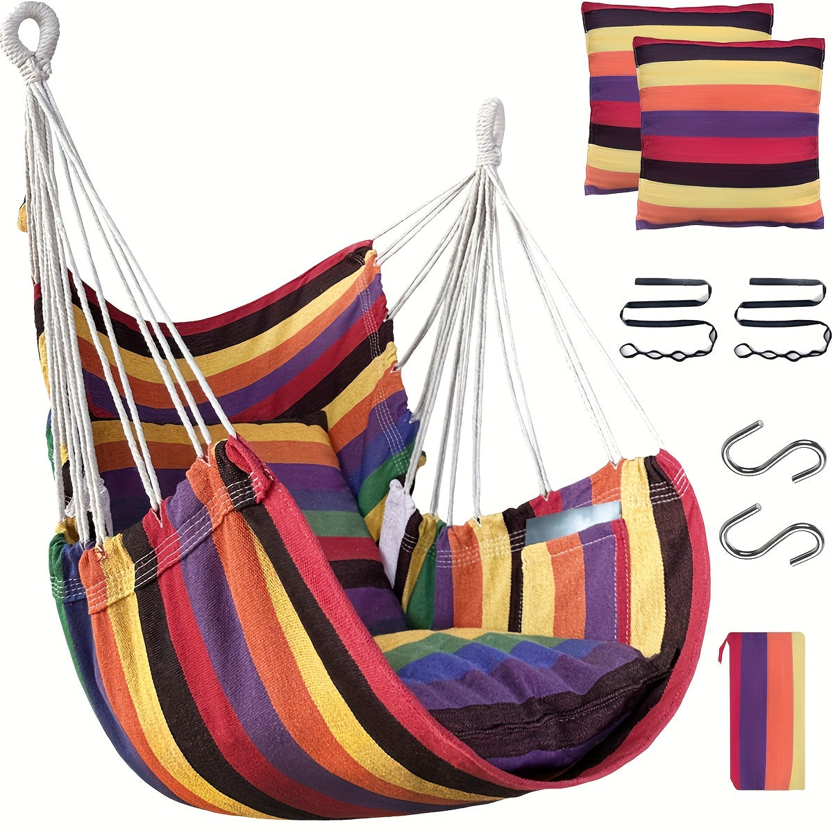 The package includes a hammock chair, two thick cushions, two 1.5-meter straps with 5 loops and 1 buckle, two climbing S-hooks, and a canvas storage bag. High-end configuration for export