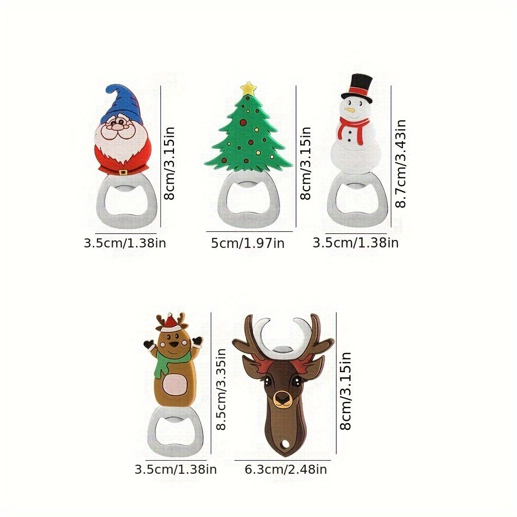 Festive Christmas bottle opener with magnet featuring Santa, snowman, and reindeer designs, suitable for beer and wine. Can be mounted on fridge doors, made of metal, perfect for holiday festivities and everyday use.