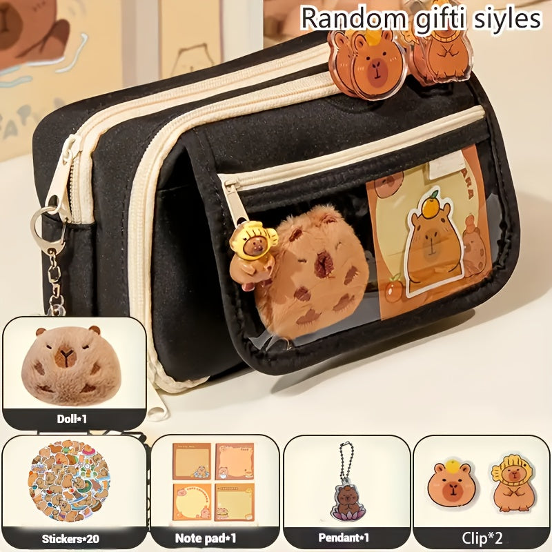 6-piece Capybara pencil case set with zipper, includes canvas bag, transparent storage box with compartment, doll, stickers, clips, and notepad.