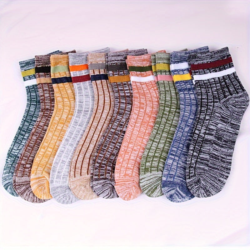 10 pairs of stylish retro striped mid-calf socks for men, breathable and comfortable year-round.