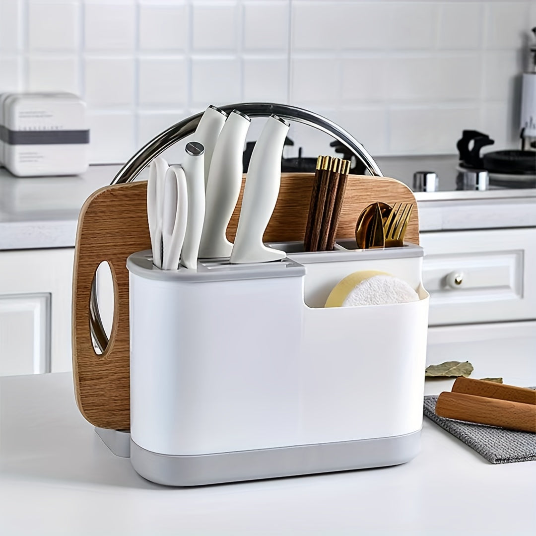 Modern Kitchen Storage Organizer with Integrated Cutting Board, Utensil Holder and Plastic Knife Block - No Batteries Needed