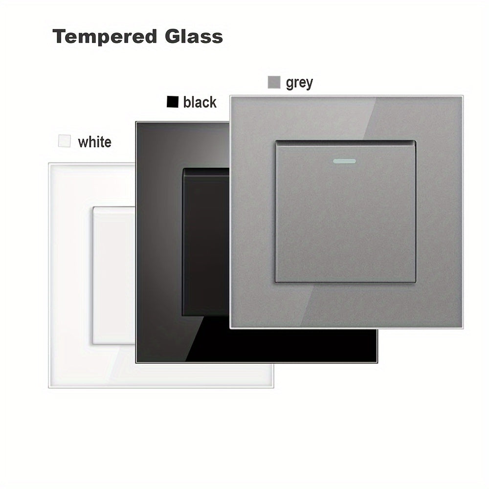 Sleek tempered glass crystal wall switch available in white, gray, and black in 1GANG, 2GANG, and 3GANG options.