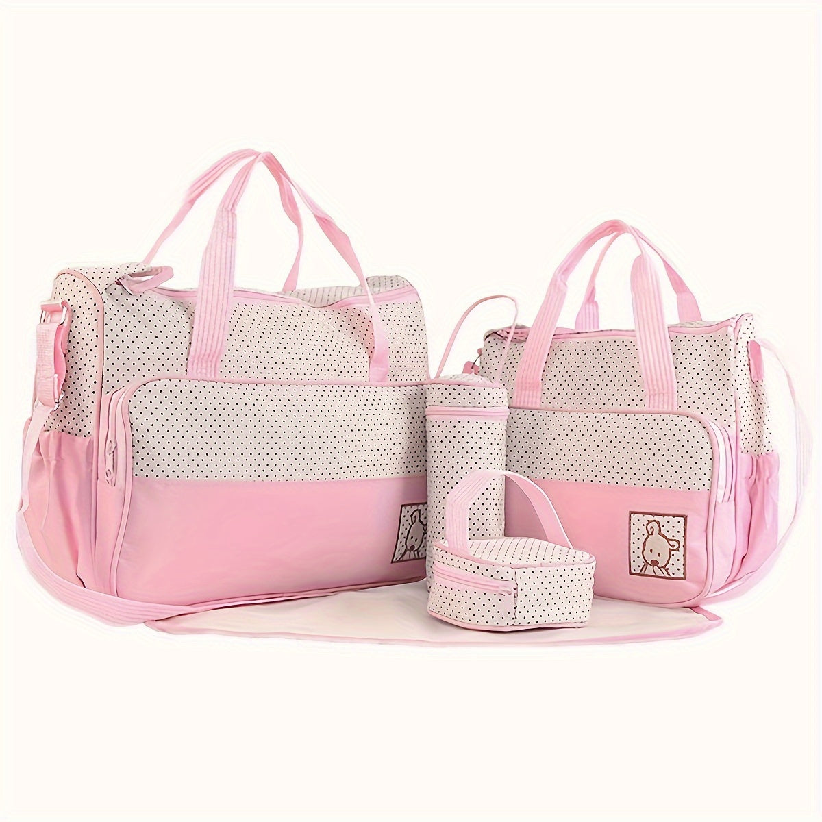 Set of 5 trendy polka dot multifunctional mommy bags, including a large capacity crossbody bag, shoulder bag, and portable diaper bag.