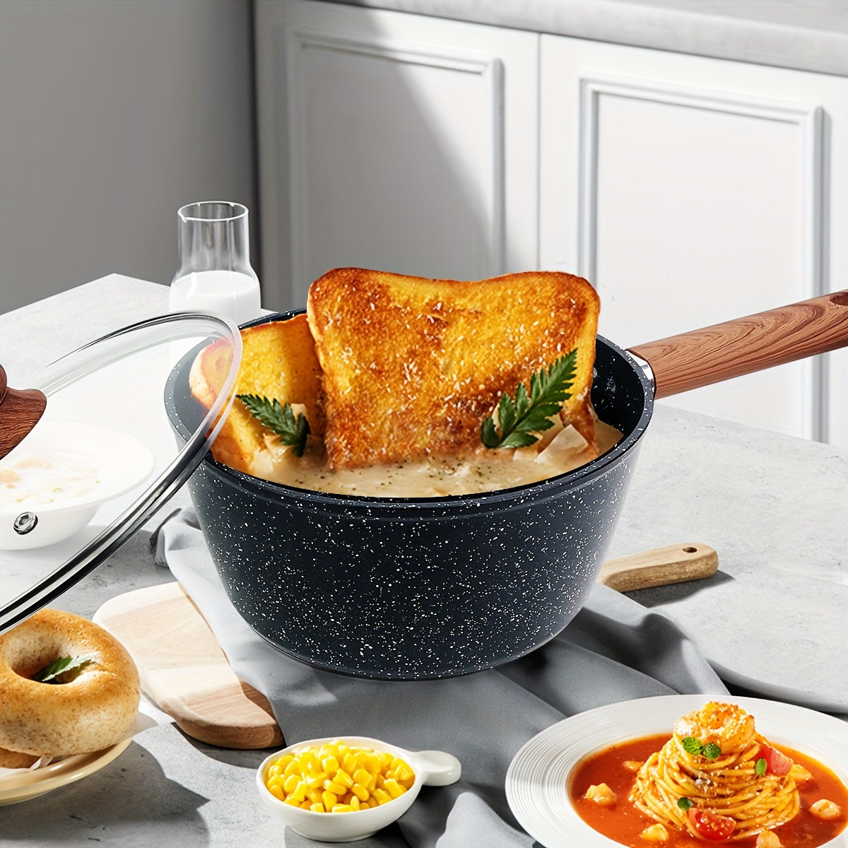 Cookware Set: 3-Piece Black Teflon Non-Stick Pot Set includes a 3L Soup Pot with Lid, 26cm Flat Bottom Frying Pan, and 24cm Frying Pan. Compatible with Electric Stove and Gas, perfect for cooking a variety of dishes in the kitchen.