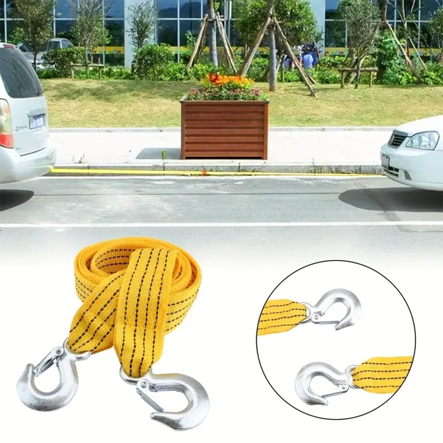 1pc Heavy Duty Iron Tow Strap with Hooks, 4m Length, 3 Ton Capacity for Secure Vehicle Towing.