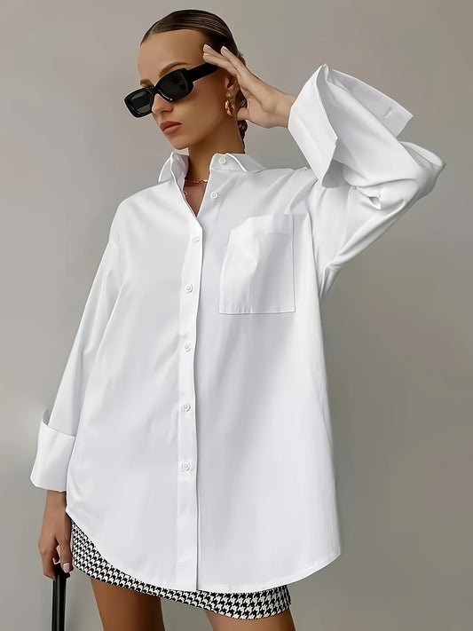 Stylish women's white shirt with pocket, long sleeves, and button-up collar made of non-stretch polyester. Machine washable.