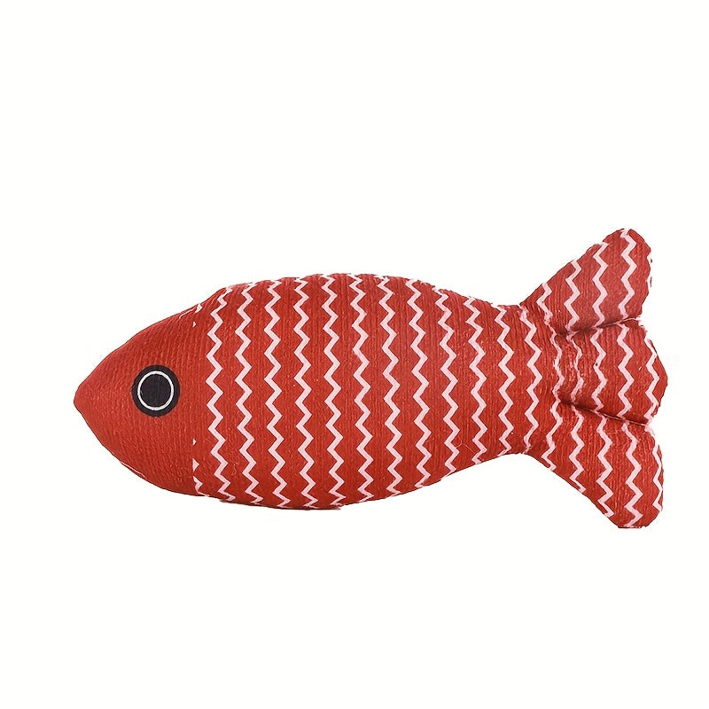 Durable linen fish-shaped cat toy designed for interactive play with sound.