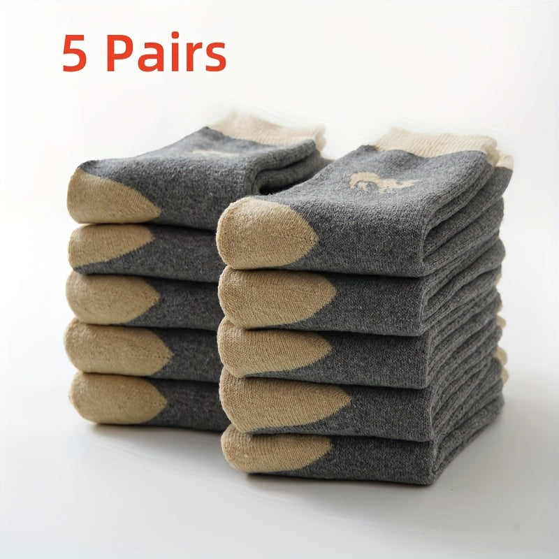 5 pairs of men's comfortable camel pattern thermal crew socks made from a cotton blend knit fabric with polyester and elastane for warmth and comfort.